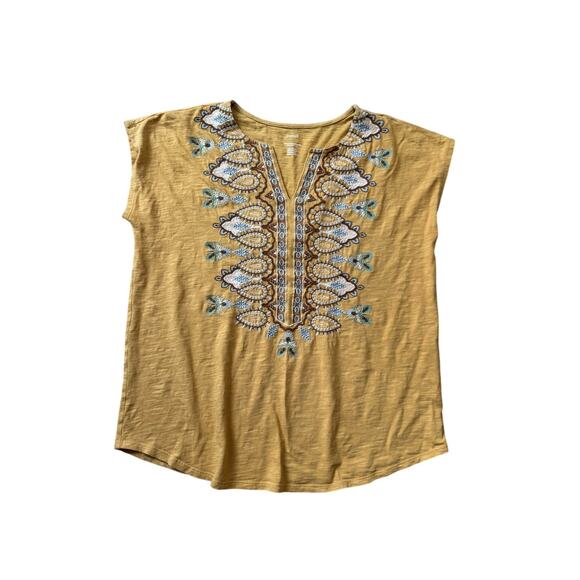 J. Jill Yellow t-shirt, Embroidered Design; Cap sleeves; Medium; 100% Cotton - Picture 1 of 9